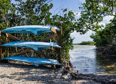 Kayaks stacked, ready for launch, on Long Key beach